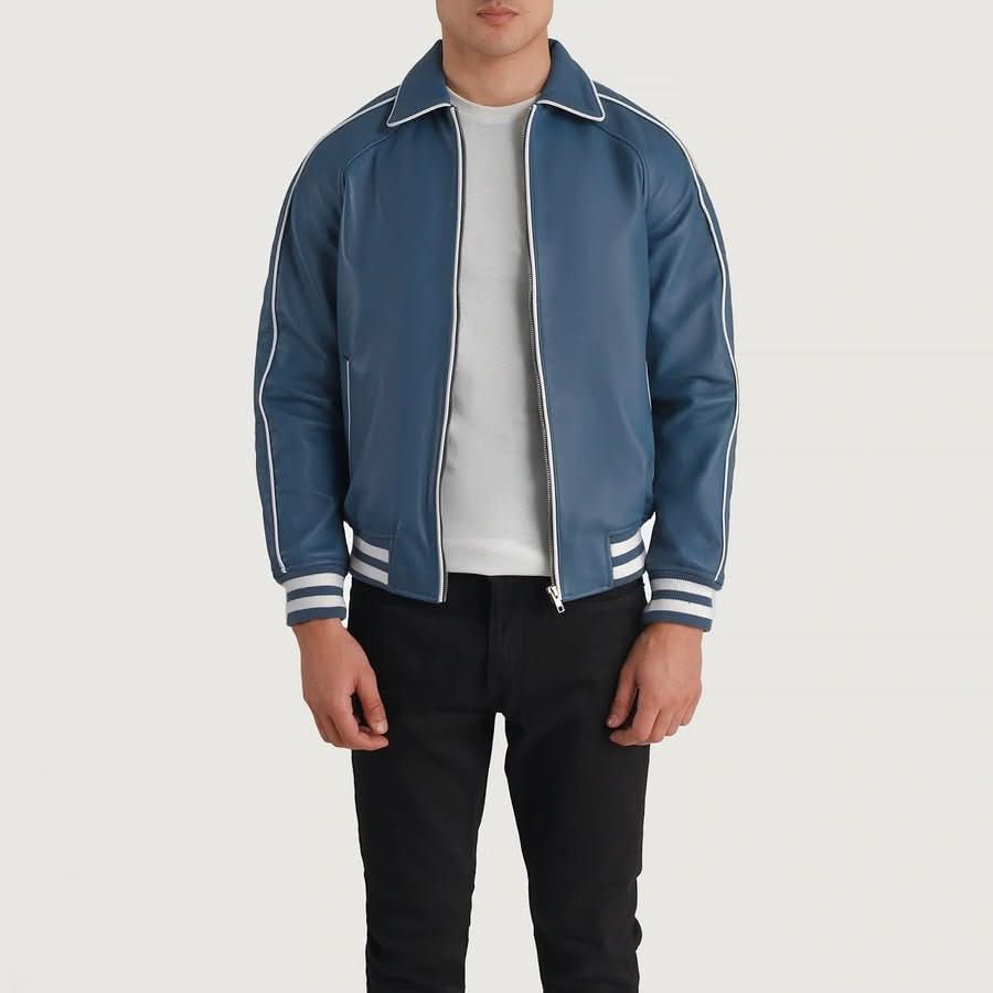 Cooper Blue Leather Varsity Jacket - Leather Clan