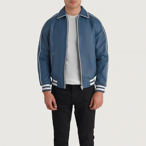 Cooper Blue Leather Varsity Jacket - Leather Clan