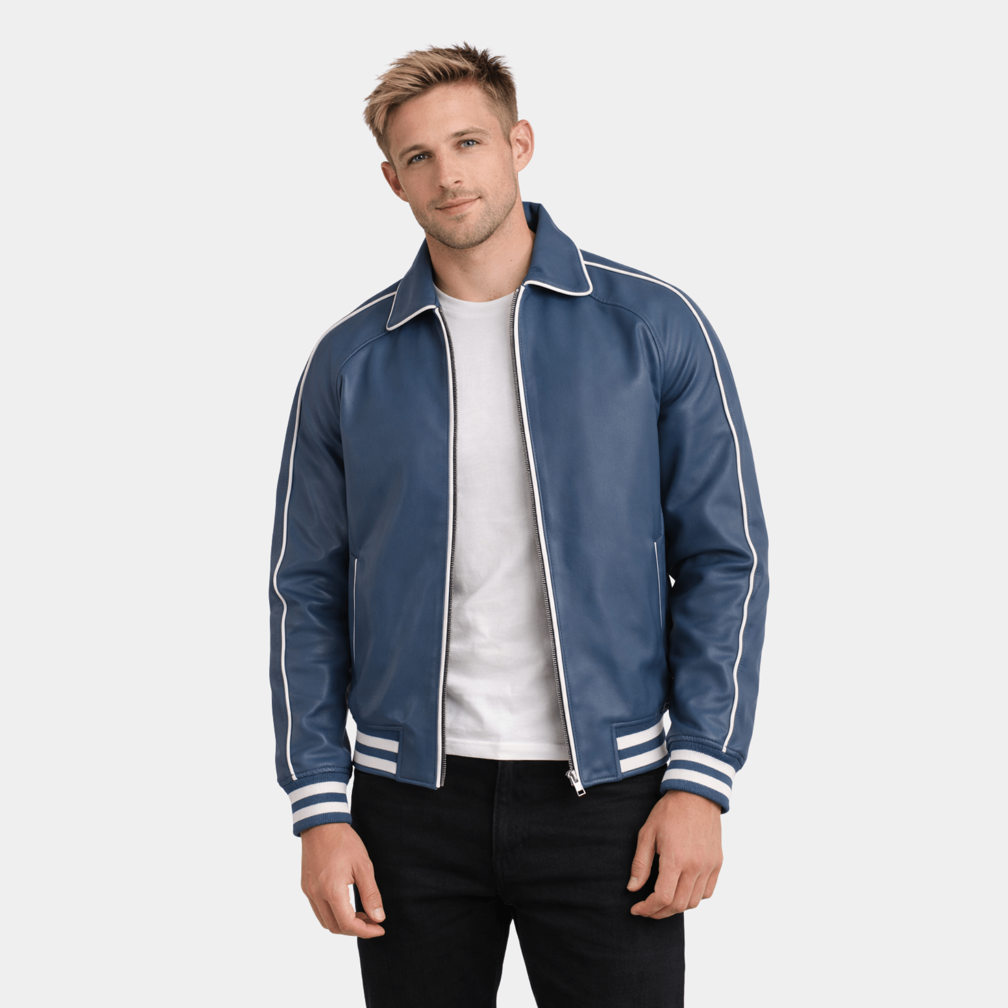 Cooper Blue Leather Varsity Jacket - Leather Clan