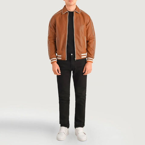 Cooper Tan Brown Leather Varsity Jacket - Leather Clan