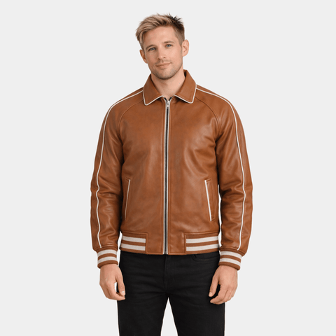 Cooper Tan Brown Leather Varsity Jacket - Leather Clan