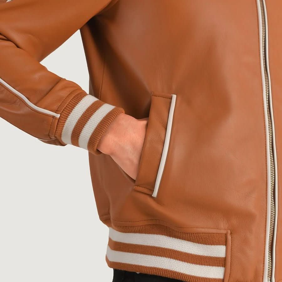 Cooper Tan Brown Leather Varsity Jacket - Leather Clan