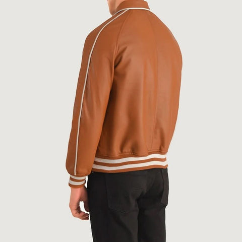 Cooper Tan Brown Leather Varsity Jacket - Leather Clan