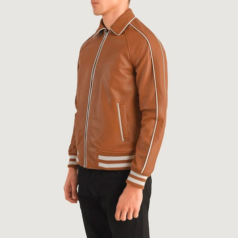 Cooper Tan Brown Leather Varsity Jacket - Leather Clan