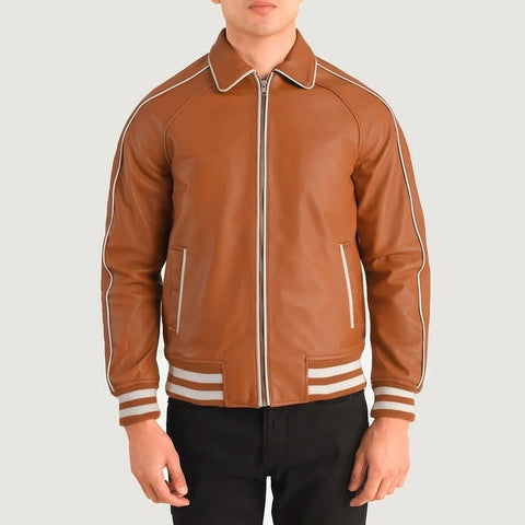 Cooper Tan Brown Leather Varsity Jacket - Leather Clan