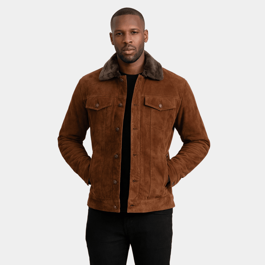 Dallis Brown Suede Shearling Trucker Jacket - Leather Clan