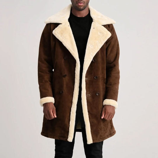 Charles Brown Suede Leather Shearling Double-Breasted Coat - Leather Clan
