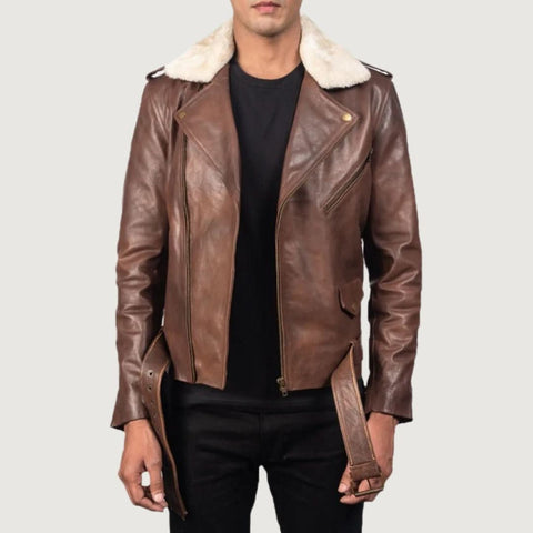 Furton Brown Leather Biker Jacket - Leather Clan