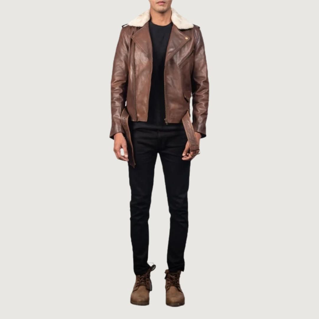 Furton Brown Leather Biker Jacket - Leather Clan