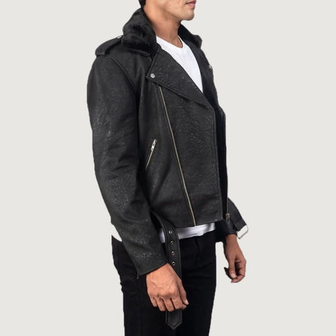 Furton Distressed Black Leather Biker Jacket - Leather Clan