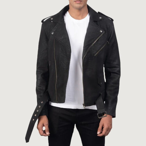 Furton Distressed Black Leather Biker Jacket - Leather Clan