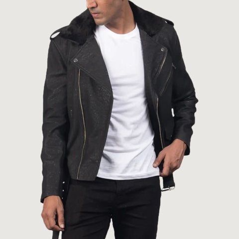 Furton Distressed Black Leather Biker Jacket - Leather Clan