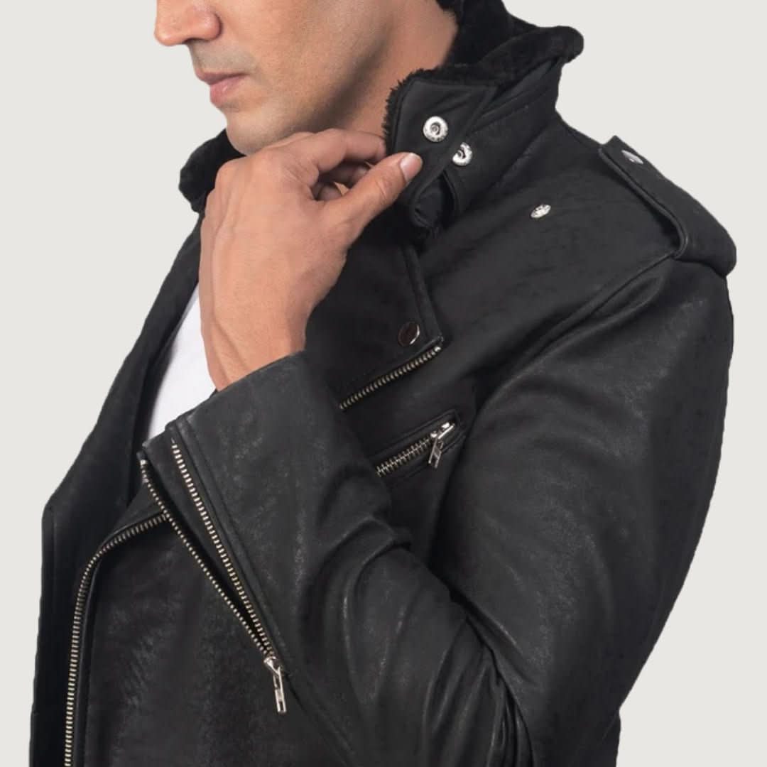 Furton Distressed Black Leather Biker Jacket - Leather Clan