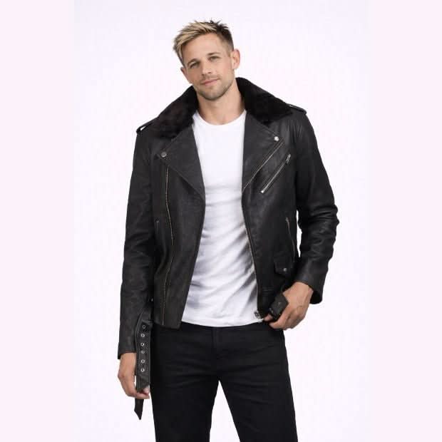 Furton Distressed Black Leather Biker Jacket - Leather Clan
