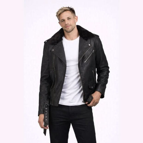 Furton Distressed Black Leather Biker Jacket - Leather Clan