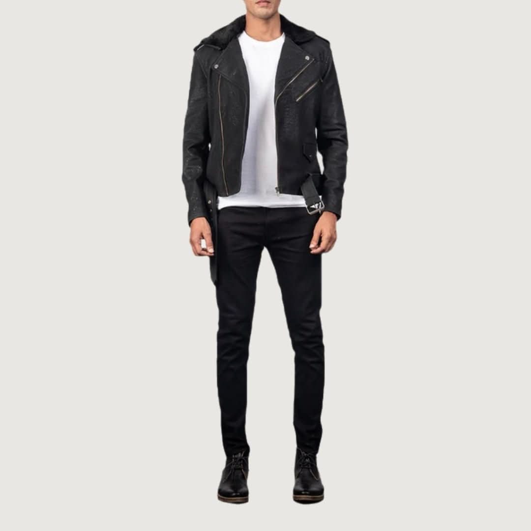 Furton Distressed Black Leather Biker Jacket - Leather Clan