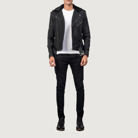 Furton Distressed Black Leather Biker Jacket - Leather Clan