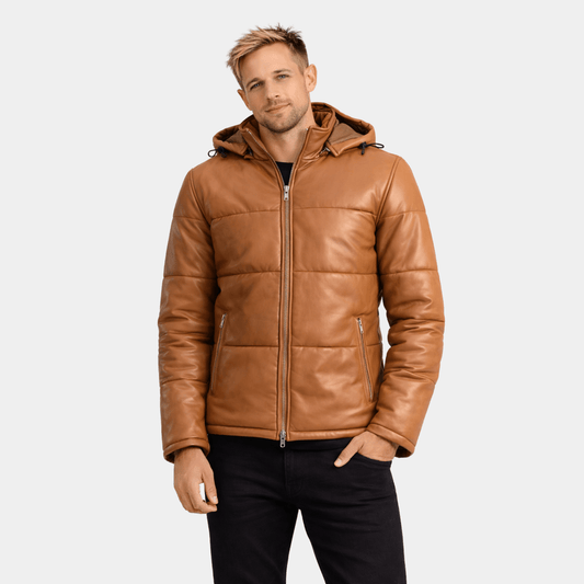 Gordon Tan Hooded Leather Puffer Jacket - Leather Clan