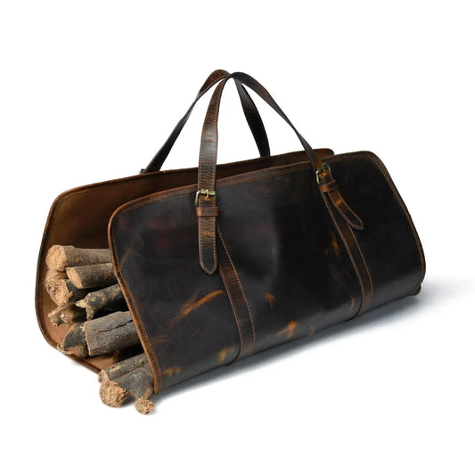Full-Grain Brown Leather Firewood Log Carrier
