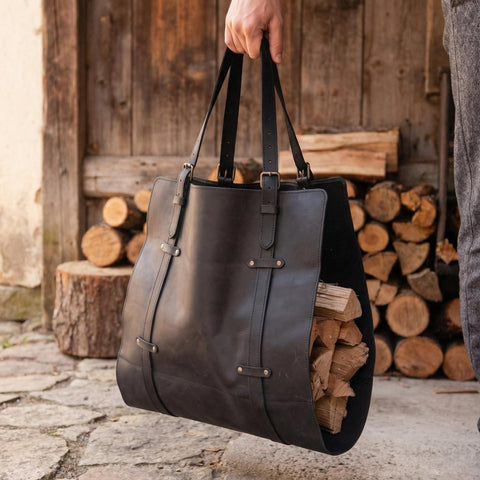 Genuine Black leather Firewood Holder