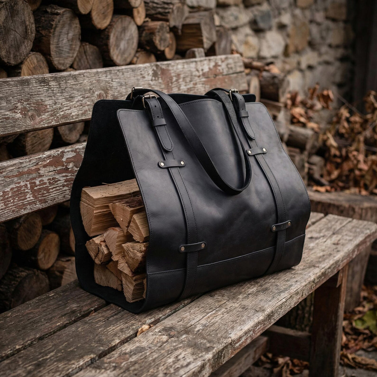 Genuine Black leather Firewood Holder