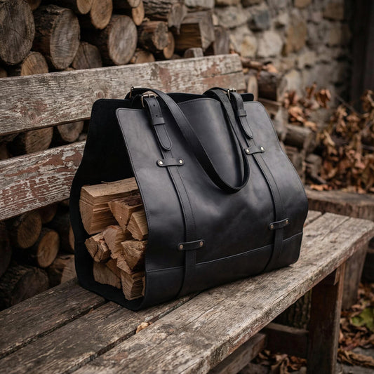 Genuine Black leather Firewood Holder