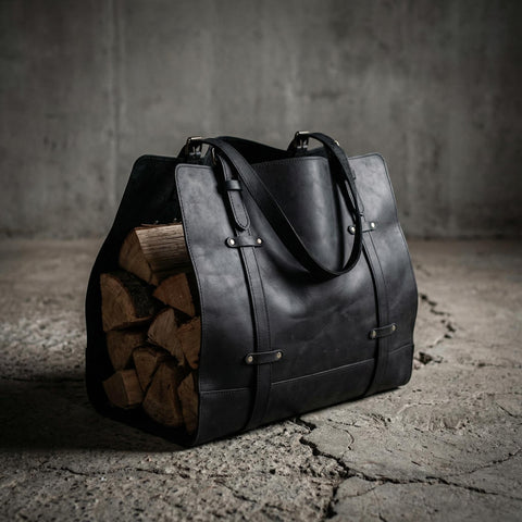 Genuine Black leather Firewood Holder