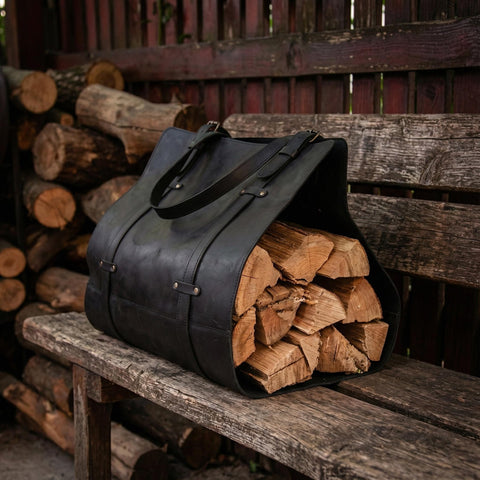 Genuine Black leather Firewood Holder
