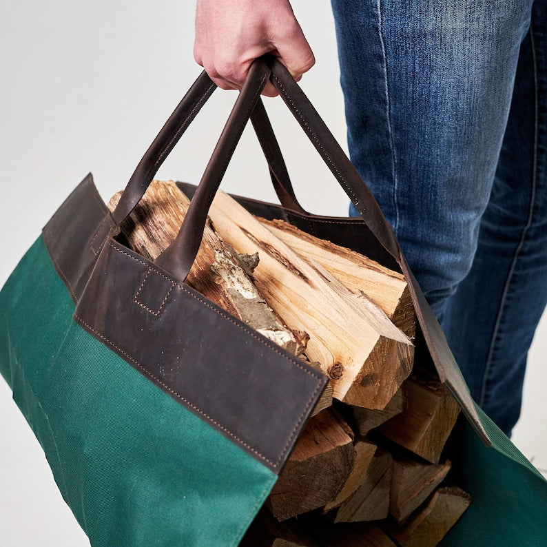 Large Leather Canvas Wood Carrying Bag