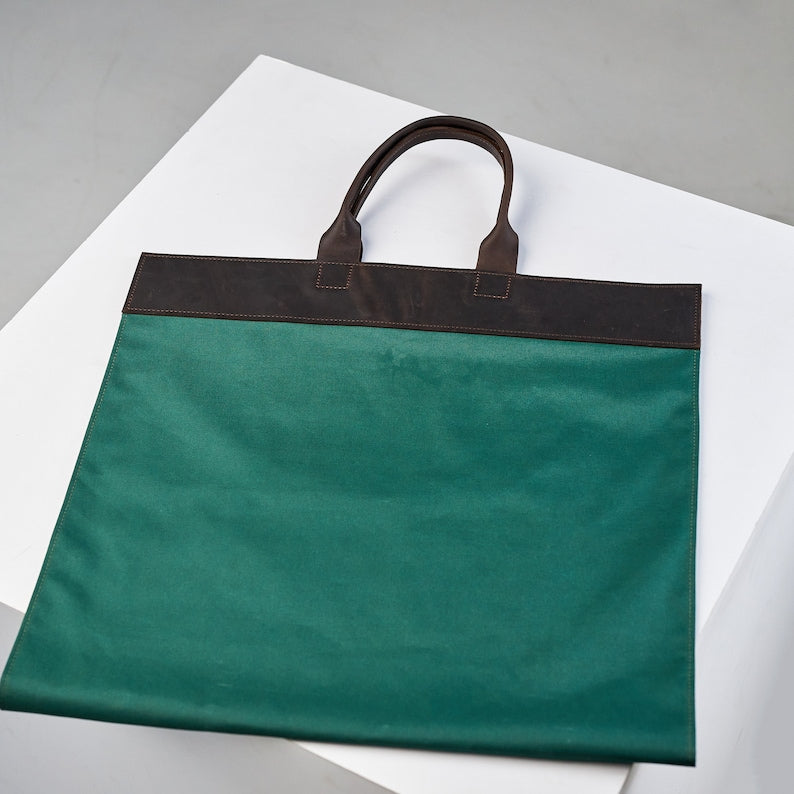 Large Leather Canvas Wood Carrying Bag