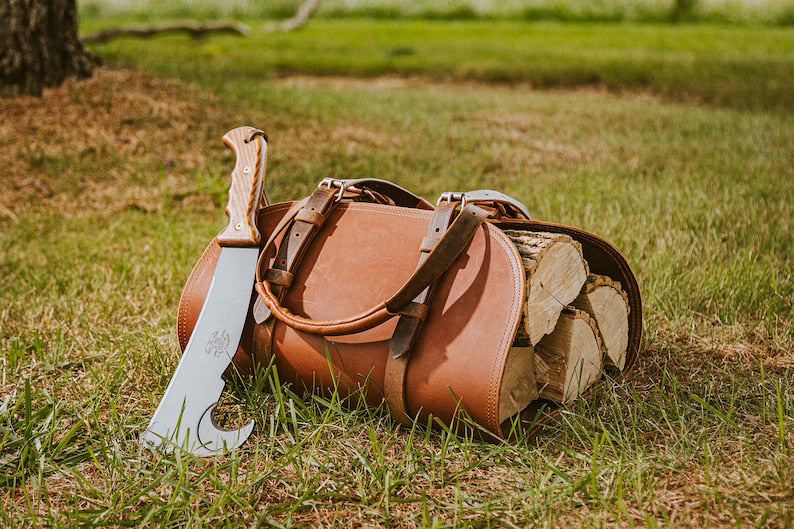 Buffalo Leather Log Carrier | Handcrafted Firewood Tote