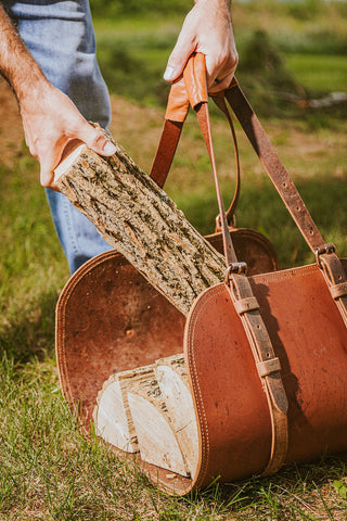 Buffalo Leather Log Carrier | Handcrafted Firewood Tote