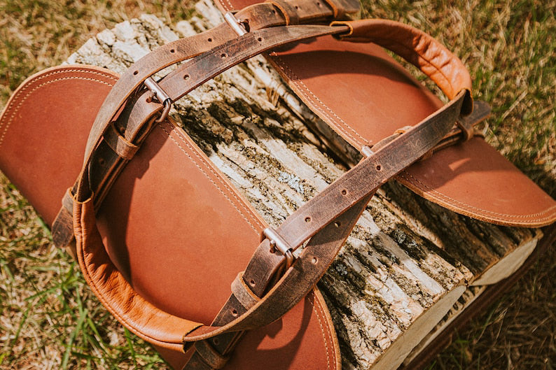 Buffalo Leather Log Carrier | Handcrafted Firewood Tote