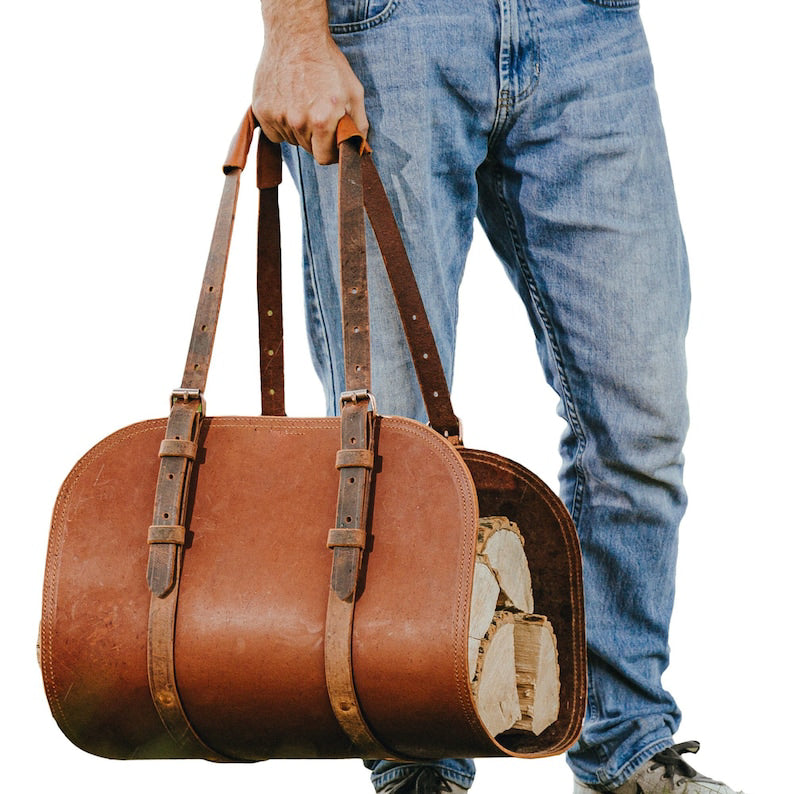 Buffalo Leather Log Carrier | Handcrafted Firewood Tote