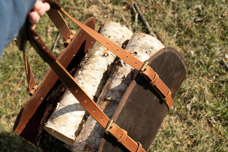 Buffalo Leather Log Carrier | Handcrafted Firewood Tote