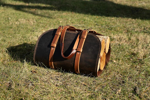 Buffalo Leather Log Carrier | Handcrafted Firewood Tote