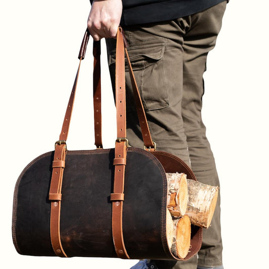 Buffalo Leather Log Carrier | Handcrafted Firewood Tote
