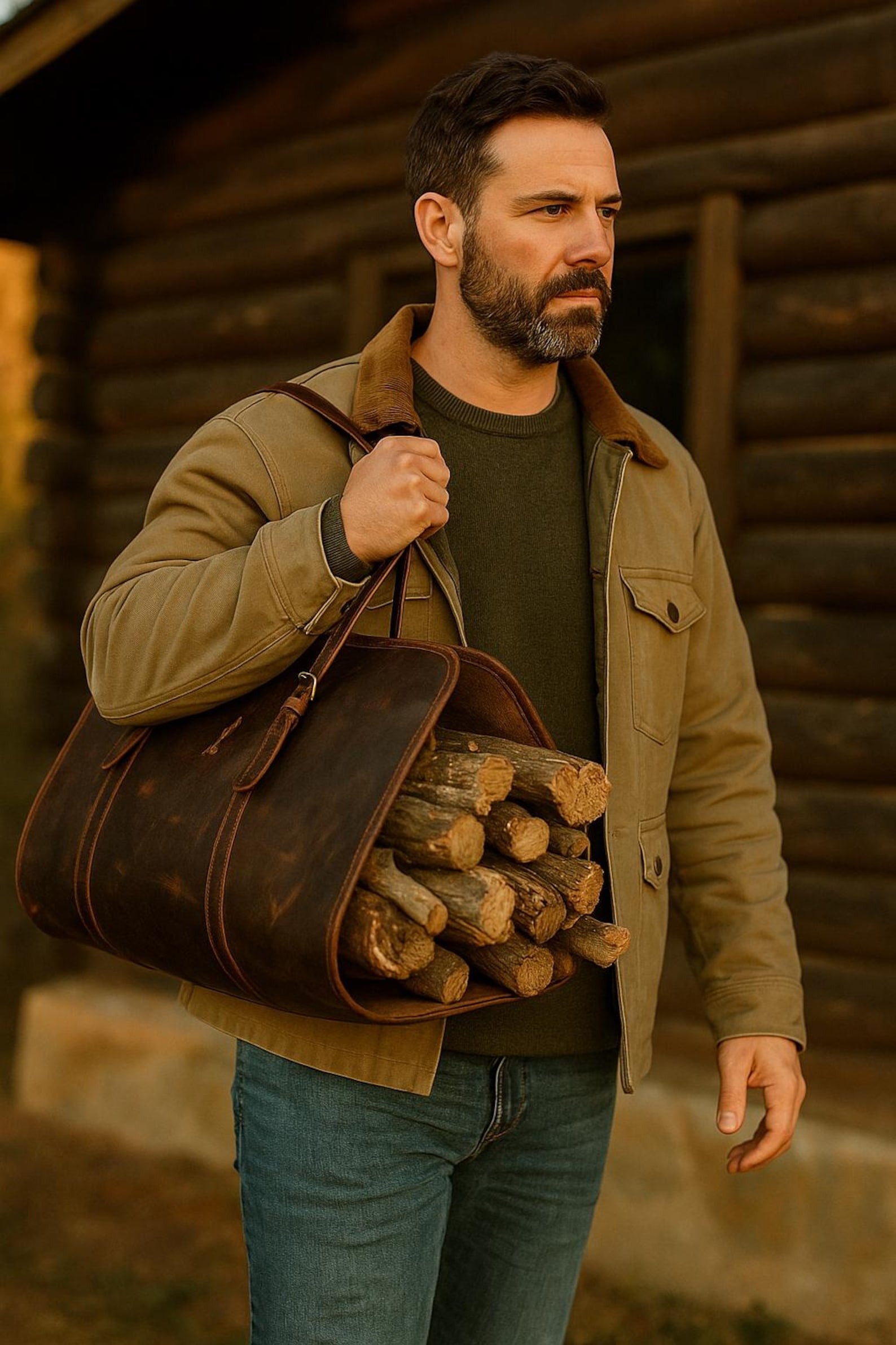 Full-Grain Brown Leather Firewood Log Carrier