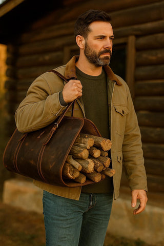 Full-Grain Brown Leather Firewood Log Carrier