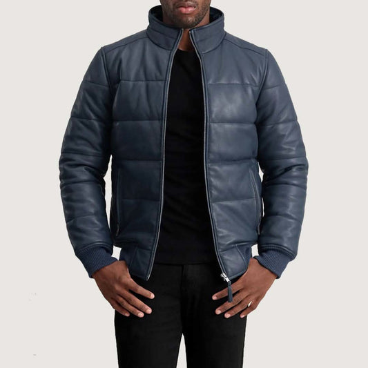 Lucas Blue Leather Puffer Bomber Jacket - Leather Clan