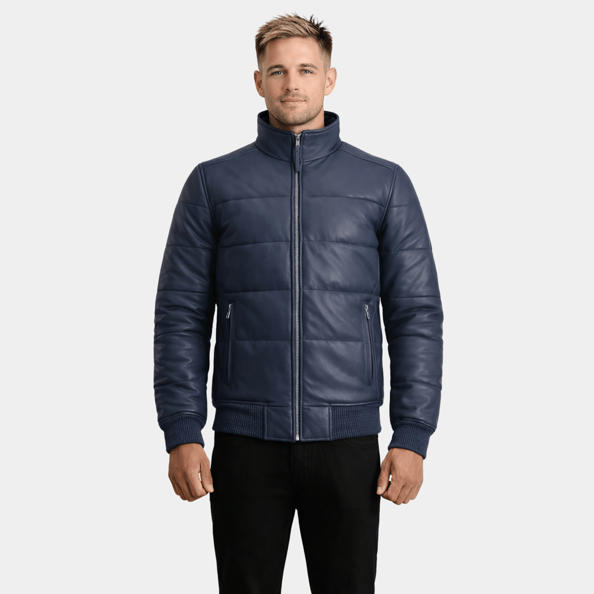 Lucas Blue Leather Puffer Bomber Jacket - Leather Clan