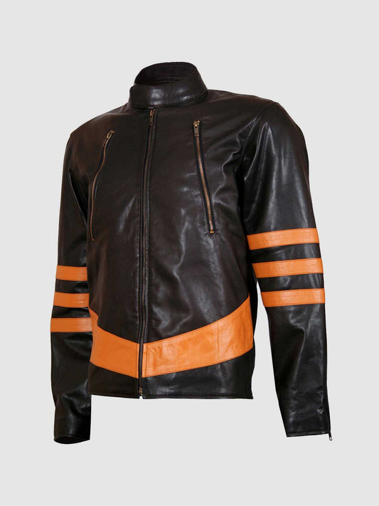 Men's Black & Orange Leather Jacket – Classic Casual Style
