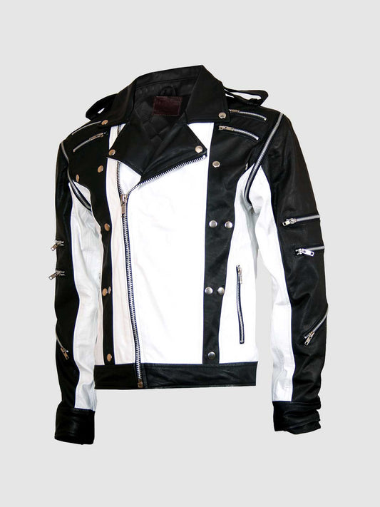 Men's Black & White Leather Jacket – Classic Casual Style