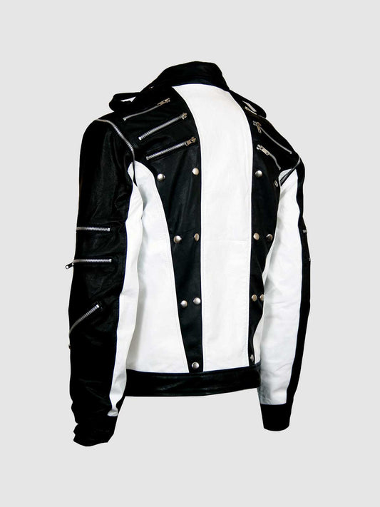 Men's Black & White Leather Jacket – Classic Casual Style