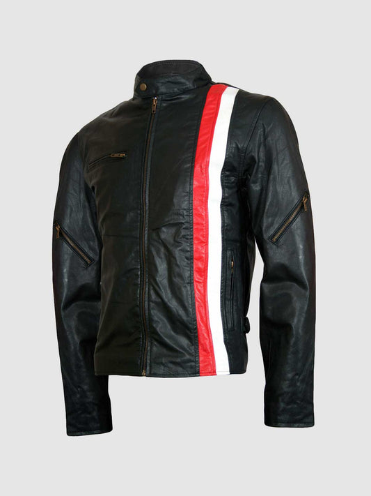 Men's Black Biker Leather Jacket  with Strips – Motorcycle Casual Style