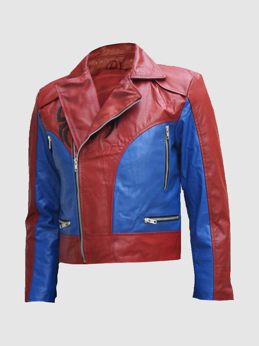 Men's Red & Blue Spider Leather Jacket – Classic Casual Style