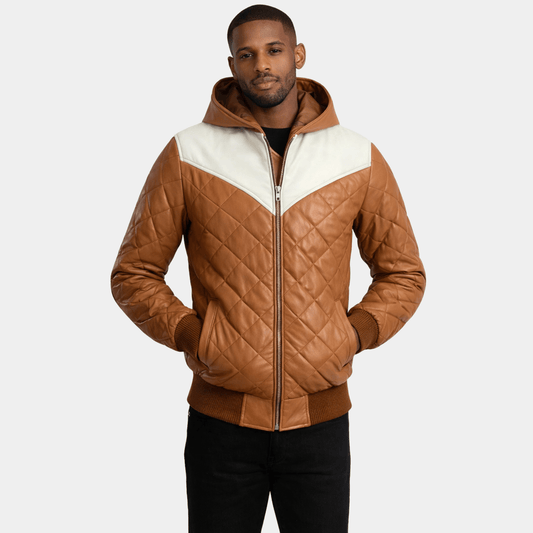 Norman Tan Hooded Bomber Leather Puffer Jacket - Leather Clan