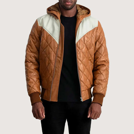 Norman Tan Hooded Bomber Leather Puffer Jacket - Leather Clan