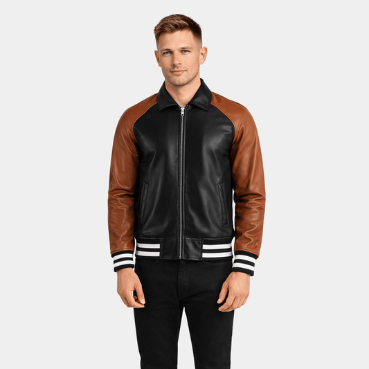Walton Black & Brown Leather Varsity Jacket - Leather Clan