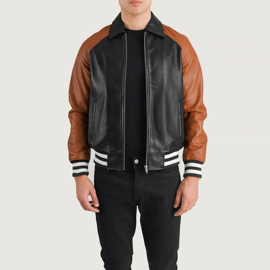 Walton Black & Brown Leather Varsity Jacket - Leather Clan